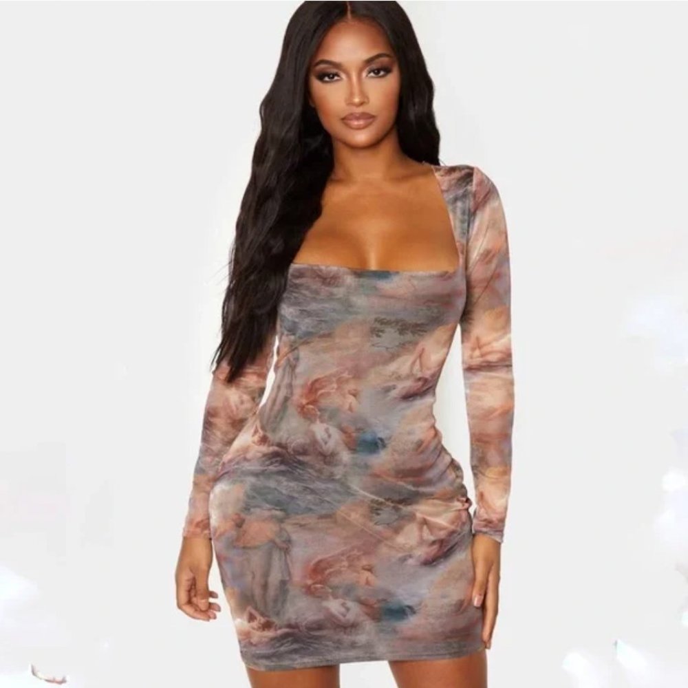 Shape Nude Renaissance Print Mesh Square Neck Bodycon Dress